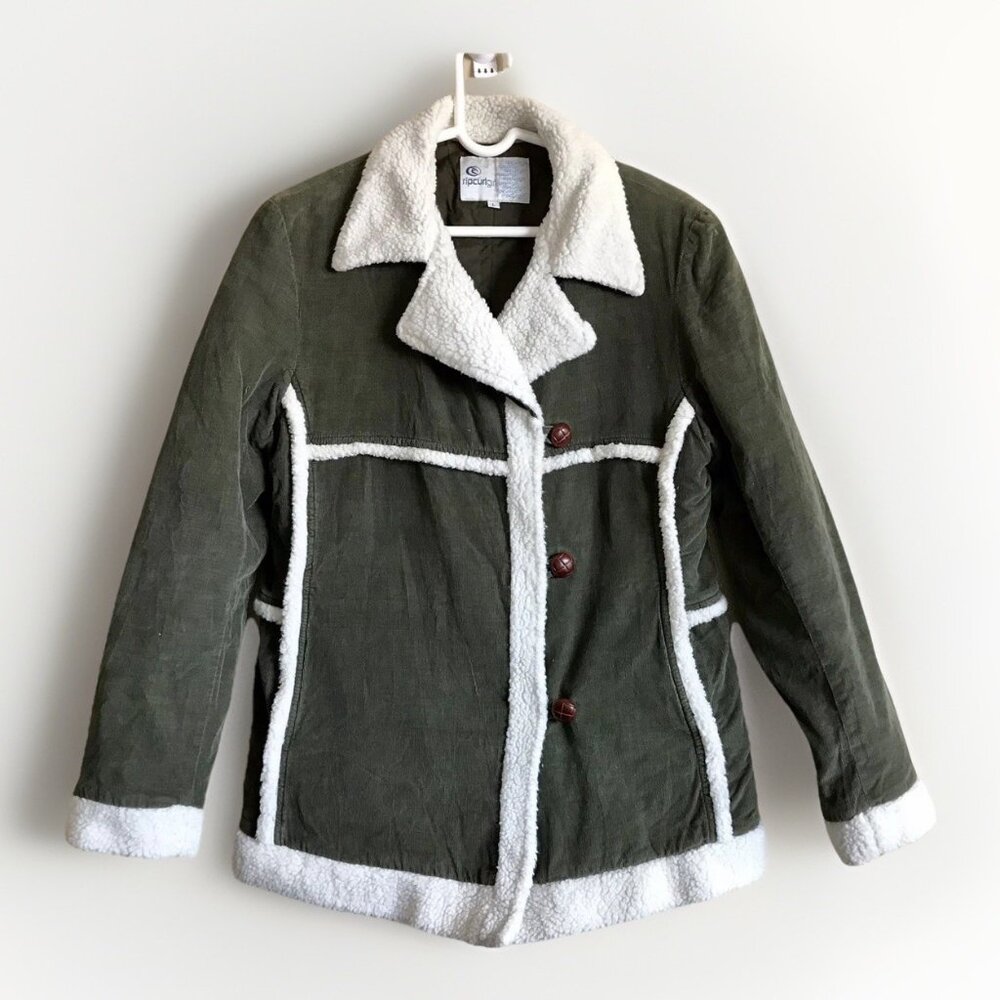 Vintage Rip Curl Jacket Women’s Large‎ Green Corduroy Sherpa Lined Outdoor Y2K
